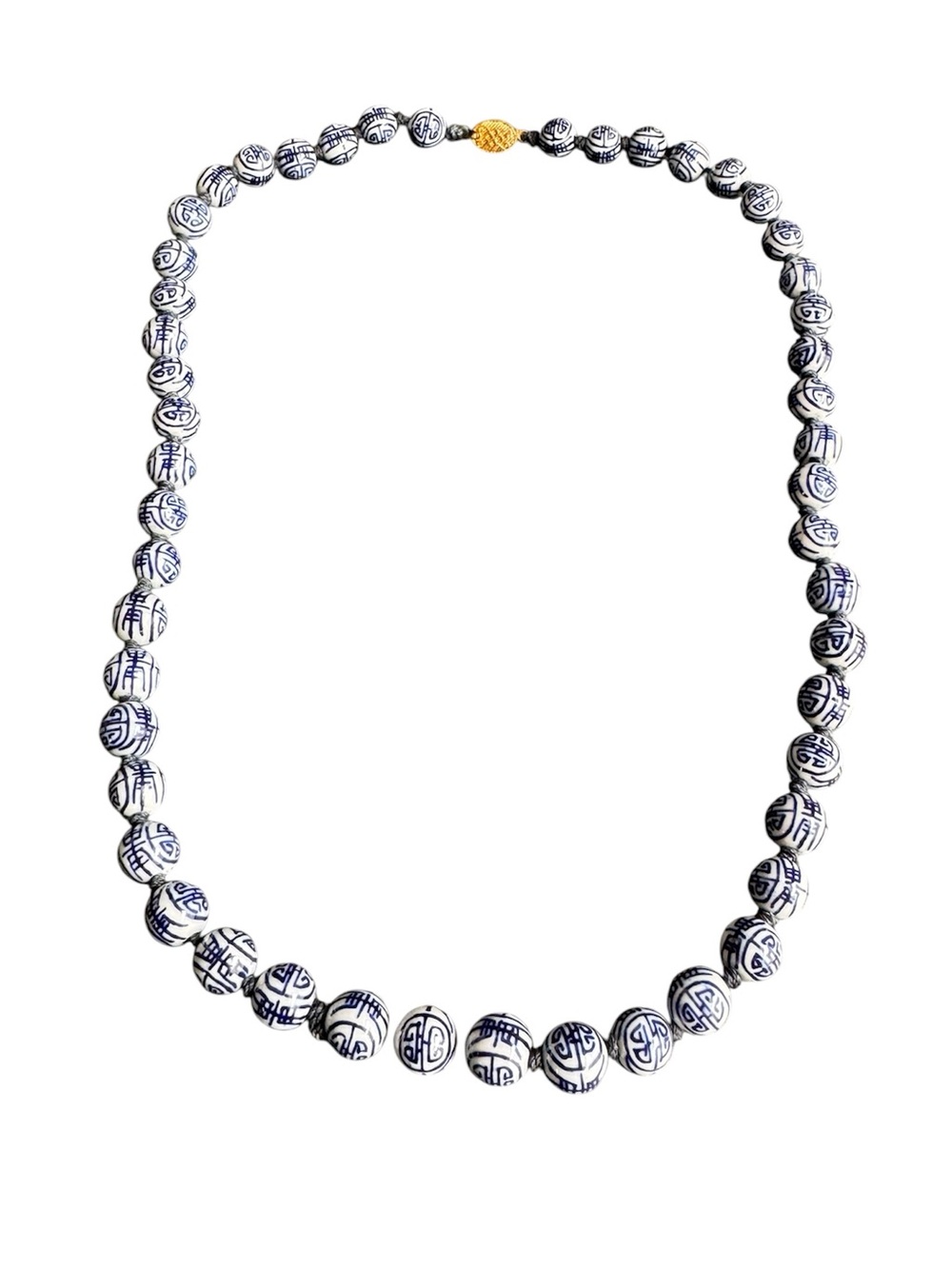 Vintage Chinese Shou Bead Necklace Blue White Porcelain Beaded Longevity 24"